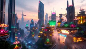 Harmonious Futuristic Cityscape – free AI stock image