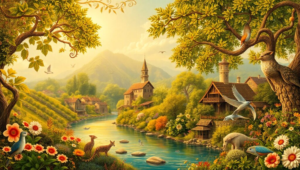Harmony in a Serene Village Landscape – free AI stock image