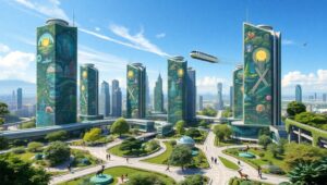 Harmony of Nature and Future City – free AI stock image