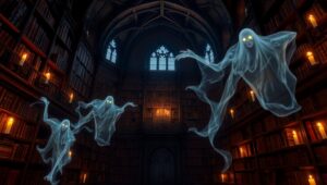 Haunted Library of Shadows – free AI stock image