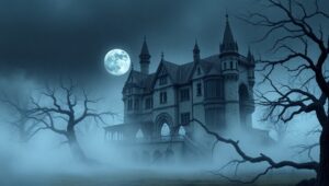 Haunted Mansion in Misty Night – free AI stock image