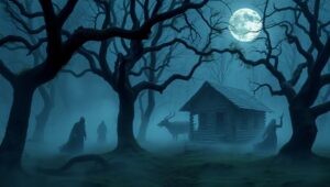 Haunted Night in the Foggy Woods – free AI stock image