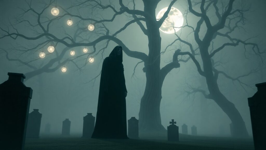 Haunting Presence in Foggy Graveyard – free AI stock image