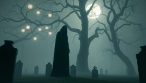 Haunting Presence in Foggy Graveyard – free AI stock image
