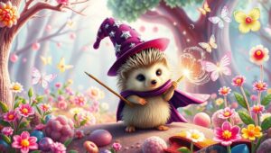 Hedgehog Wizard in Candy Forest – free AI stock image