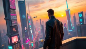 Hero Overlooking Neon Cityscape – free AI stock image