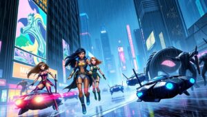 Heroes of the Neon City – free AI stock image