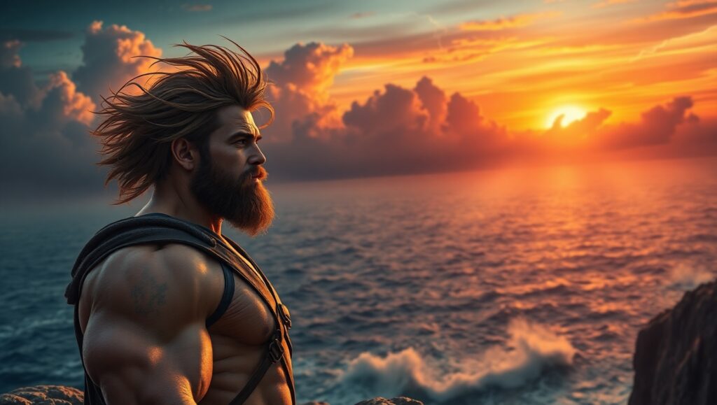 Hero’s Gaze Over Stormy Seas – free AI stock image