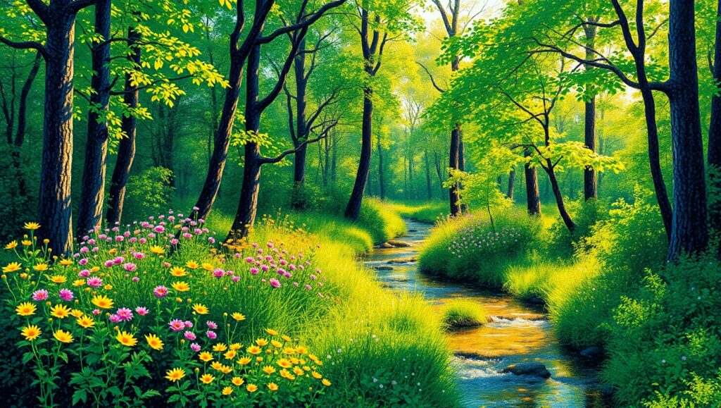 Hidden Glade in Pointillist Art – free AI stock image