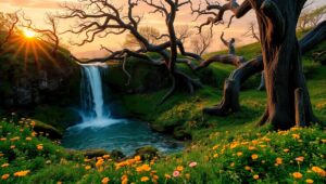 Hidden Waterfall at Sunset – free AI stock image