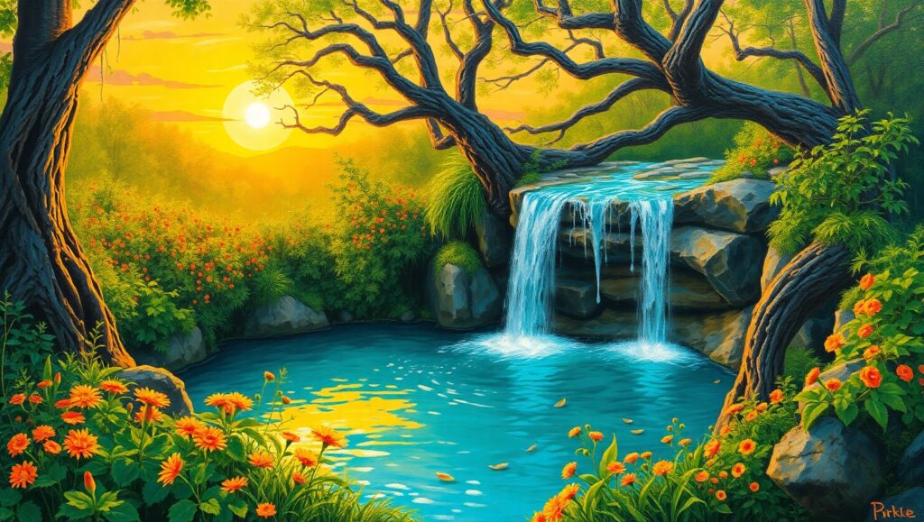 Hidden Waterfall at Sunset pY8 – free AI stock image
