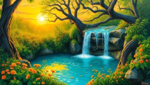 Hidden Waterfall at Sunset pY8 – free AI stock image