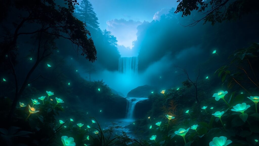 Hidden Waterfall in Bioluminescent Woods – free AI stock image
