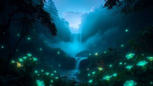 Hidden Waterfall in Bioluminescent Woods – free AI stock image