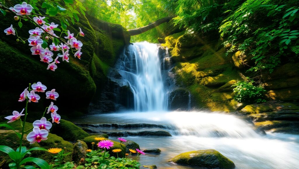 Hidden Waterfall in Lush Greenery – free AI stock image