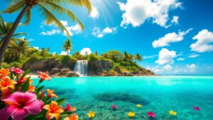 Hidden Waterfall on Tropical Island – free AI stock image