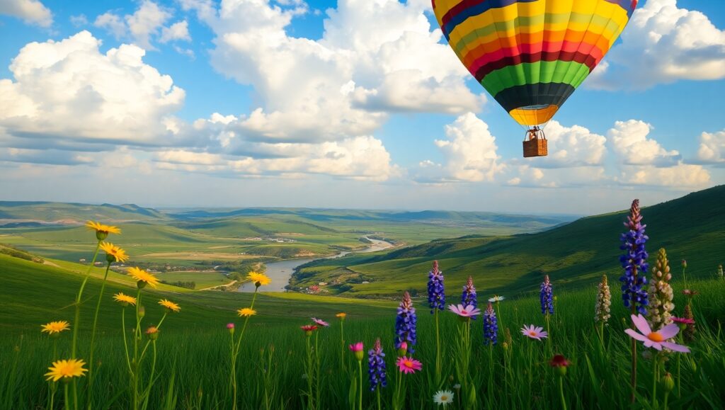 Hot Air Balloon Over Lush Valley – free AI stock image