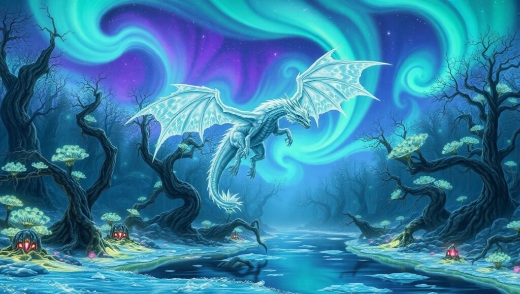 Ice Dragon Over Enchanted Forest – free AI stock image