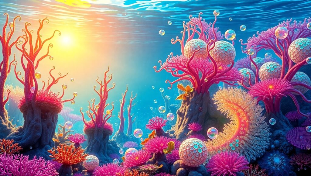 Illuminated Coral City Adventure – free AI stock image