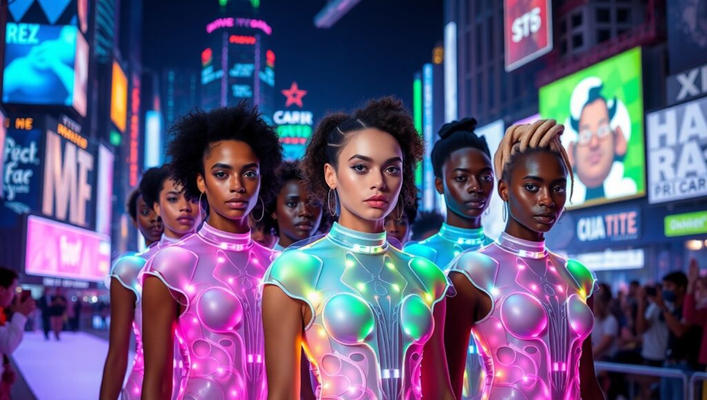 Illuminated Fashion on Neon Runway – free AI stock image