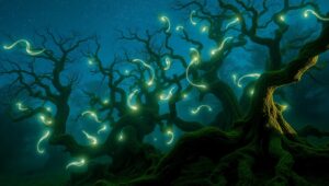 Illuminated Forest Nightscape – free AI stock image