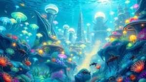 Illuminated Oceanic Metropolis – free AI stock image