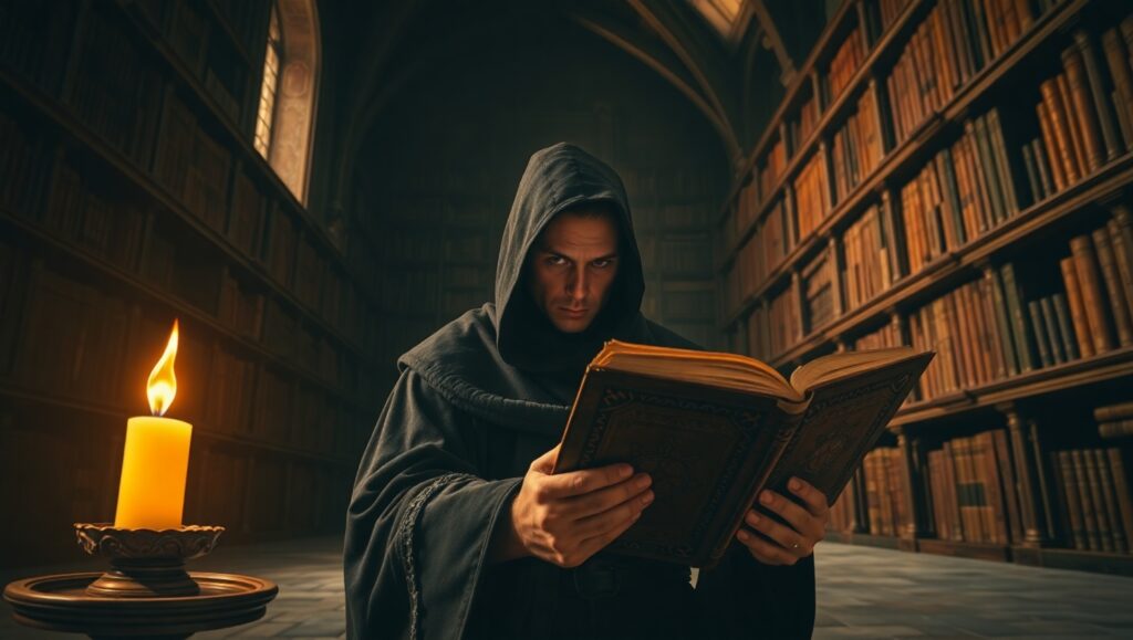 Illuminated Shadows in a Library – free AI stock image