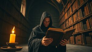 Illuminated Shadows in a Library – free AI stock image