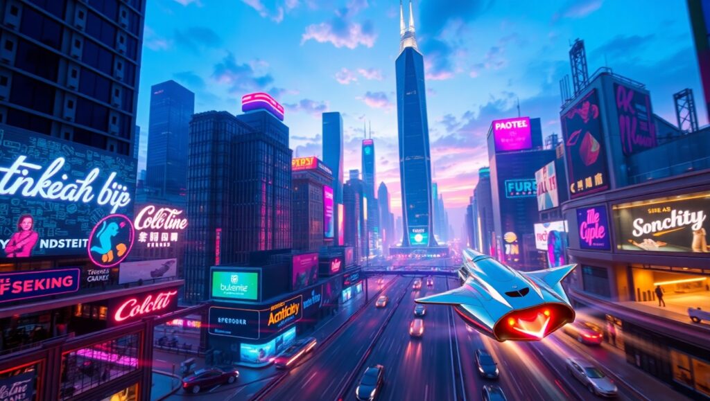 Illuminated Skyline of the Future – free AI stock image