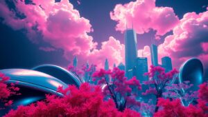Infrared Serenity in a Futuristic City – free AI stock image