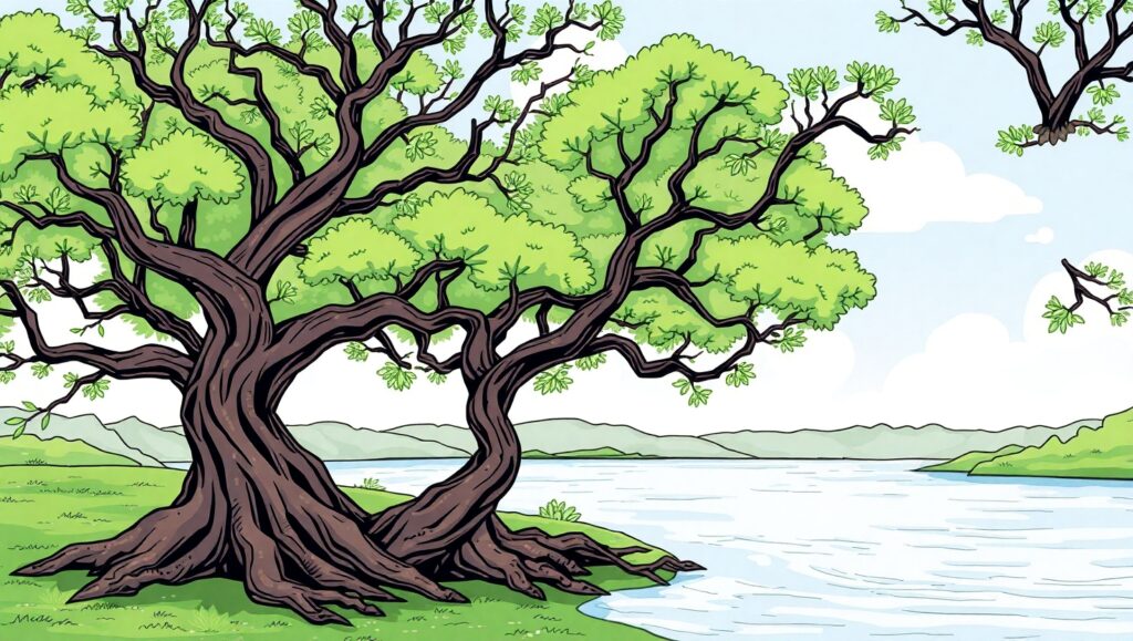 Intertwining Trees and Flowing River – free AI stock image