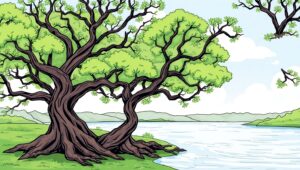 Intertwining Trees and Flowing River – free AI stock image