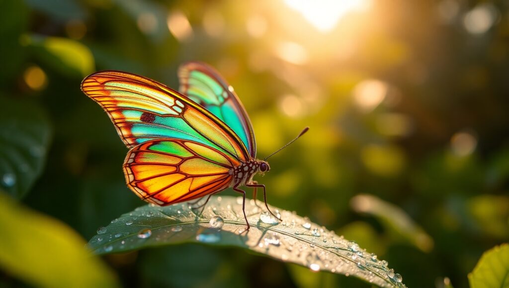 Intricate Butterfly on Dewy Leaf – free AI stock image