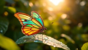 Intricate Butterfly on Dewy Leaf – free AI stock image
