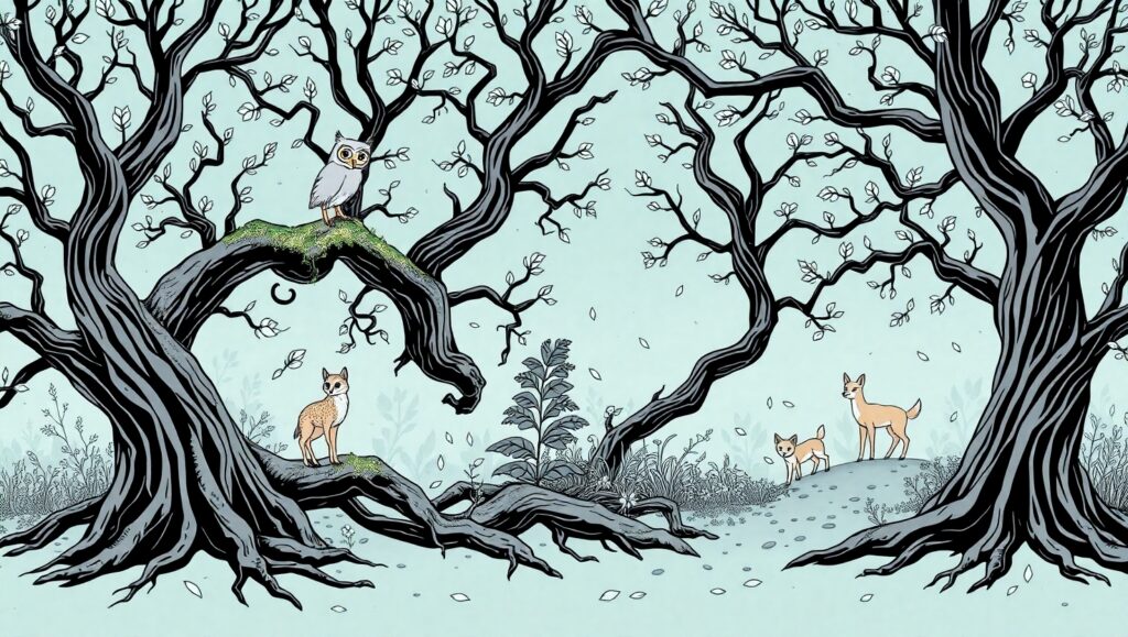 Intricate Forest Life in Line Art – free AI stock image