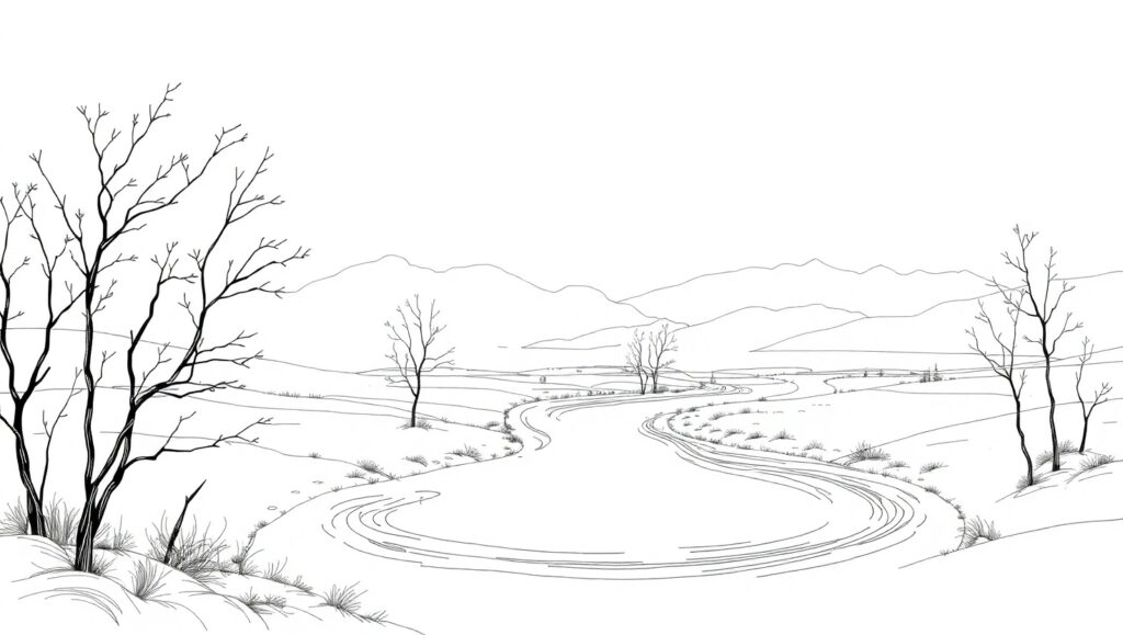 Intricate Line Art Landscape Scene – free AI stock image