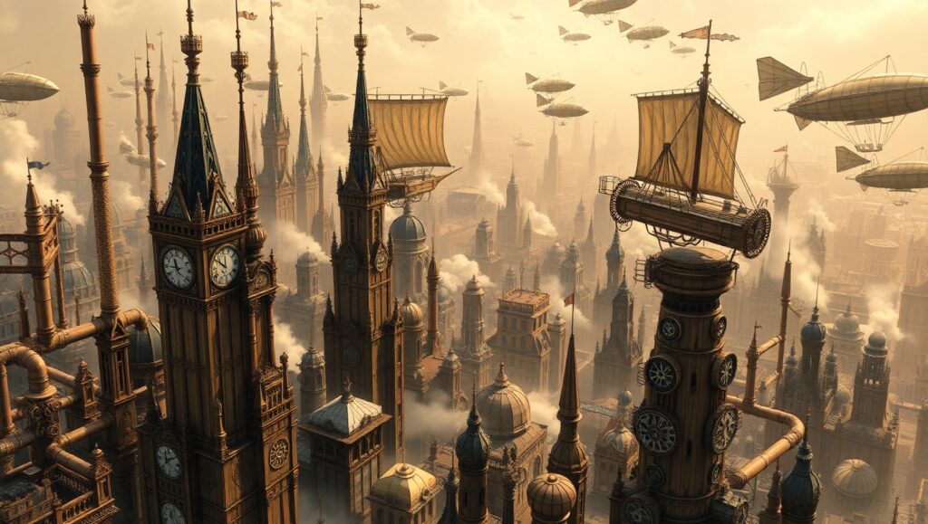 Intricate Steampunk Cityscape with Airships – free AI stock image