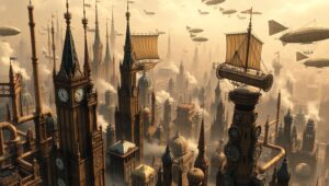 Intricate Steampunk Cityscape with Airships – free AI stock image