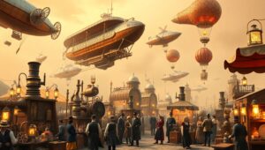 Intricate Steampunk Marketplace Scene – free AI stock image