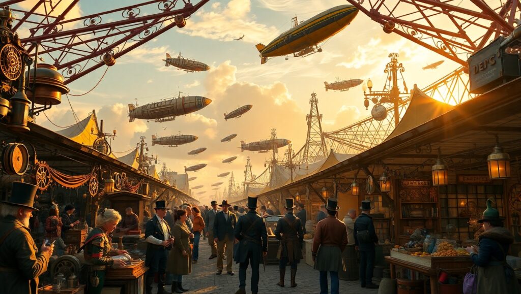 Inventions of the Steampunk Bazaar – free AI stock image