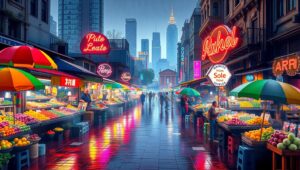 Isometric Rainy Day Market Scene – free AI stock image