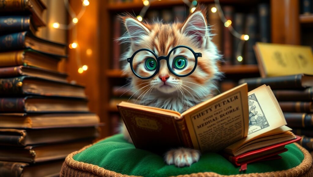 Kitten Scholar in Cozy Library – free AI stock image