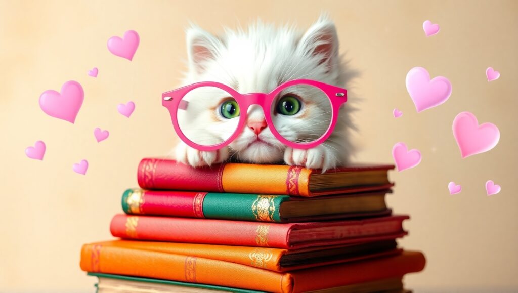 Kitten with Glasses on Books – free AI stock image