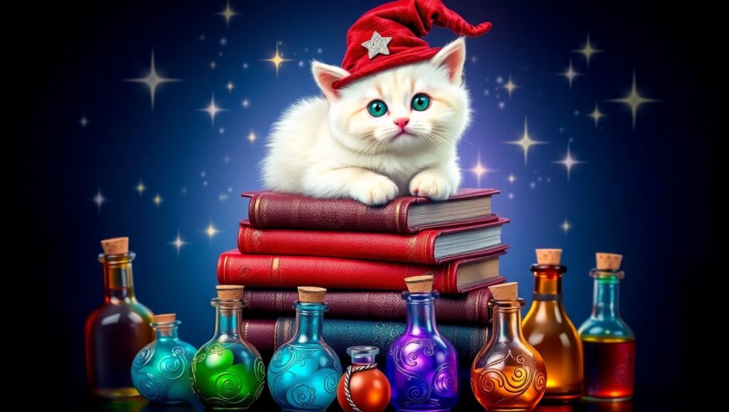 Kitten Wizard in a Magical Library – free AI stock image