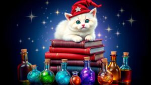 Kitten Wizard in a Magical Library – free AI stock image