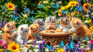 Kittens’ Colorful Tea Party Adventure – free AI stock image
