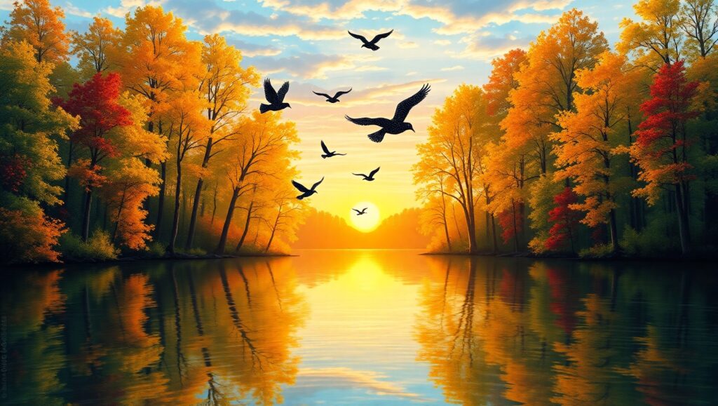 Lake Sunrise in Pointillist Style – free AI stock image