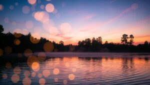 Lakeside Serenity with Bokeh Lights – free AI stock image
