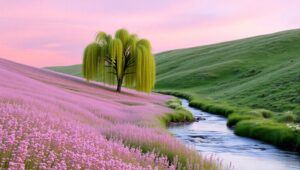 Lavender Hills Under Pink Skies – free AI stock image