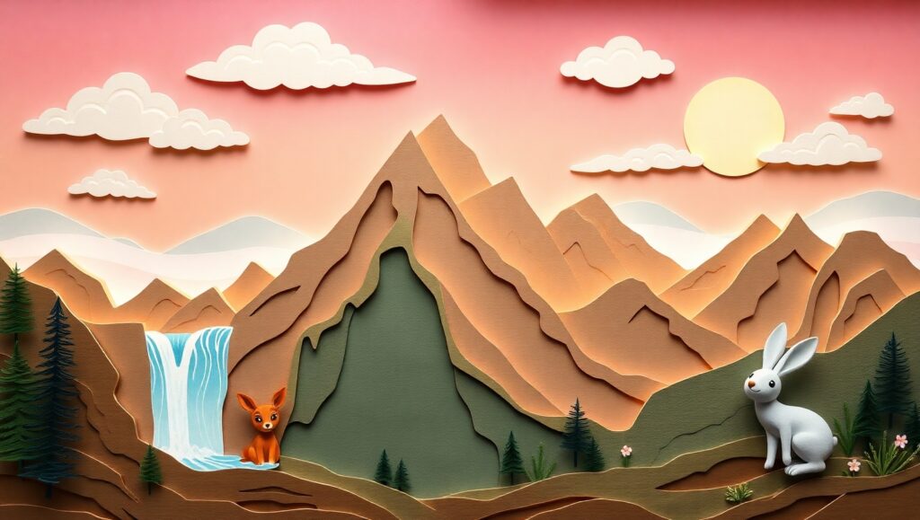 Layered Mountain Paradise Scene – free AI stock image
